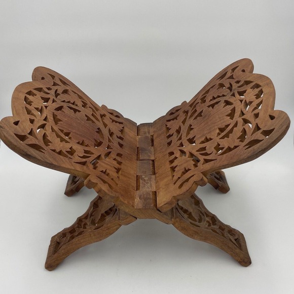 Wooden‎ Book Stand Holder Reading Rest Cookbook Display Carved Floral Design - Picture 1 of 6
